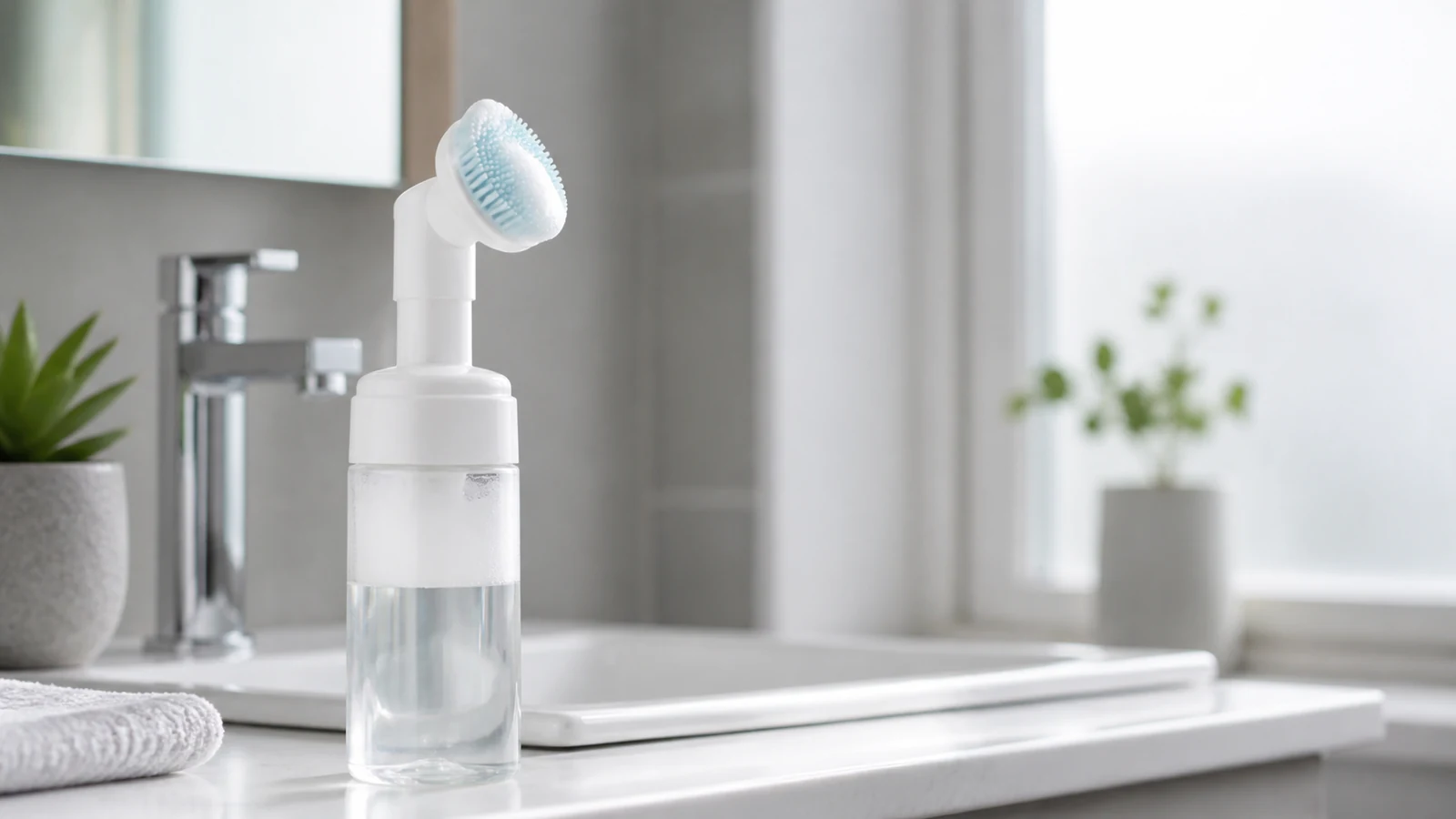Foaming face wash bottle with soft silicone brush head beside a bathroom sink