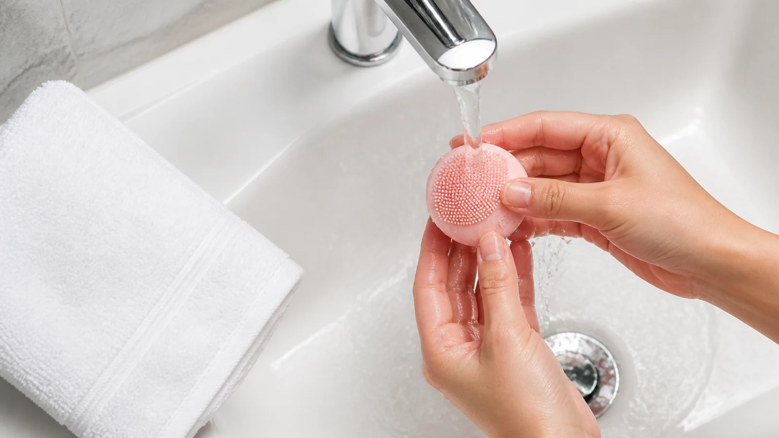 Silicone facial brush head being rinsed under running water