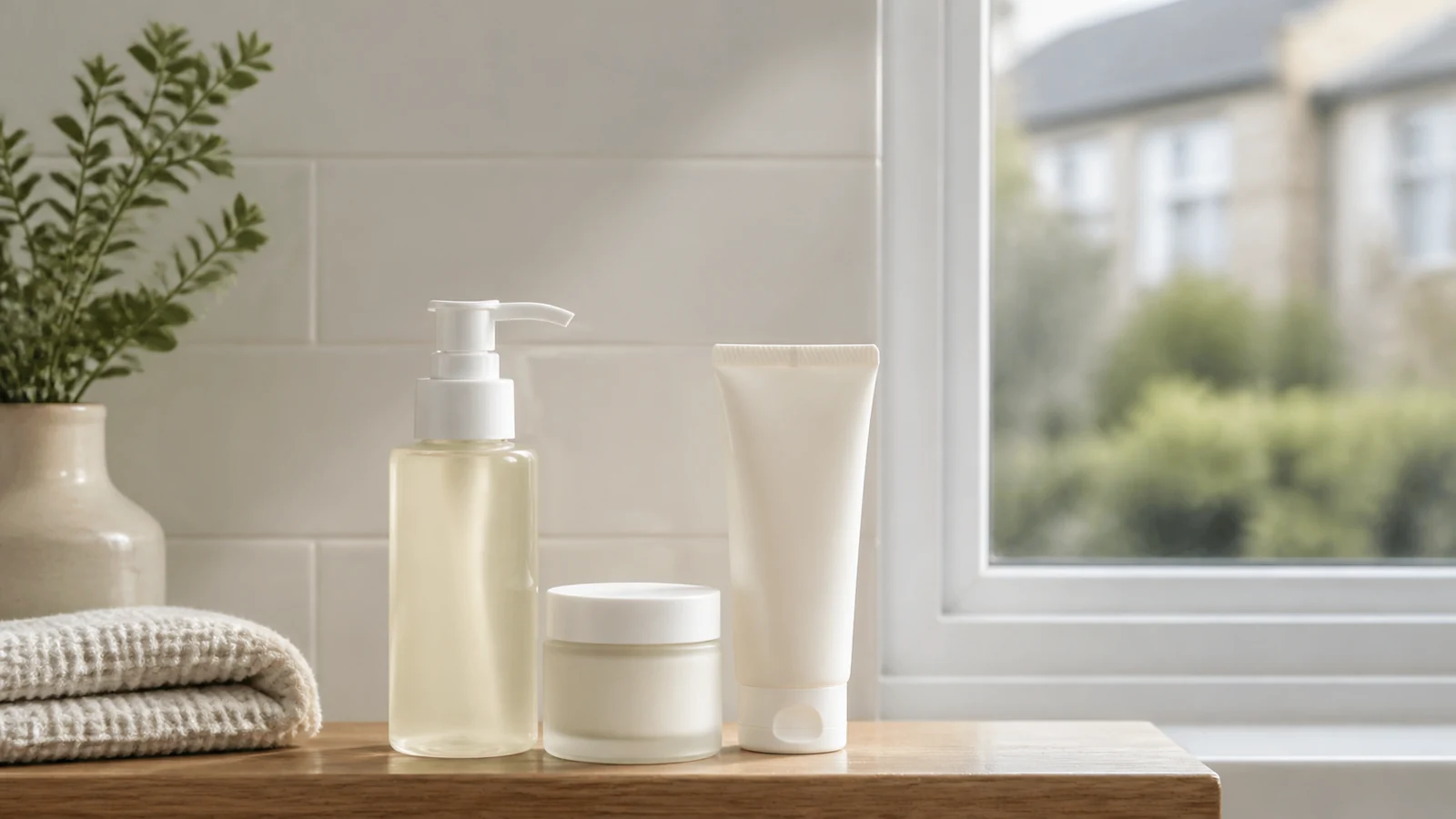 Cleanser moisturiser and sunscreen bottles on a bathroom shelf in daylight