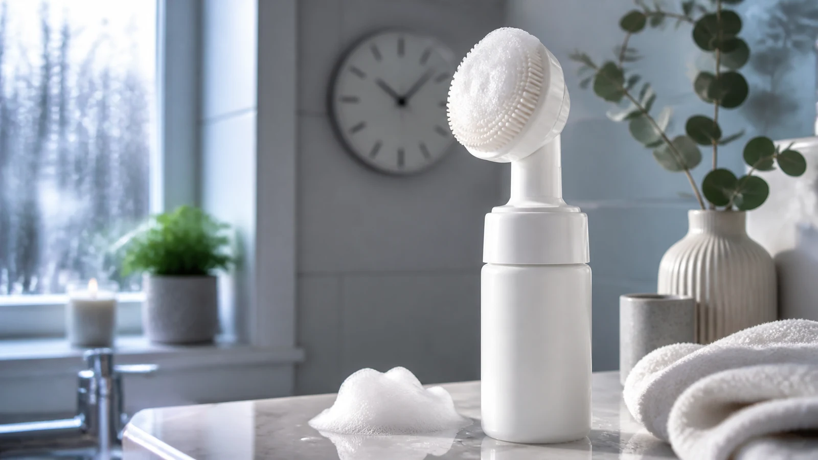 Morning foaming cleanser with silicone brush ready for a quick cleanse