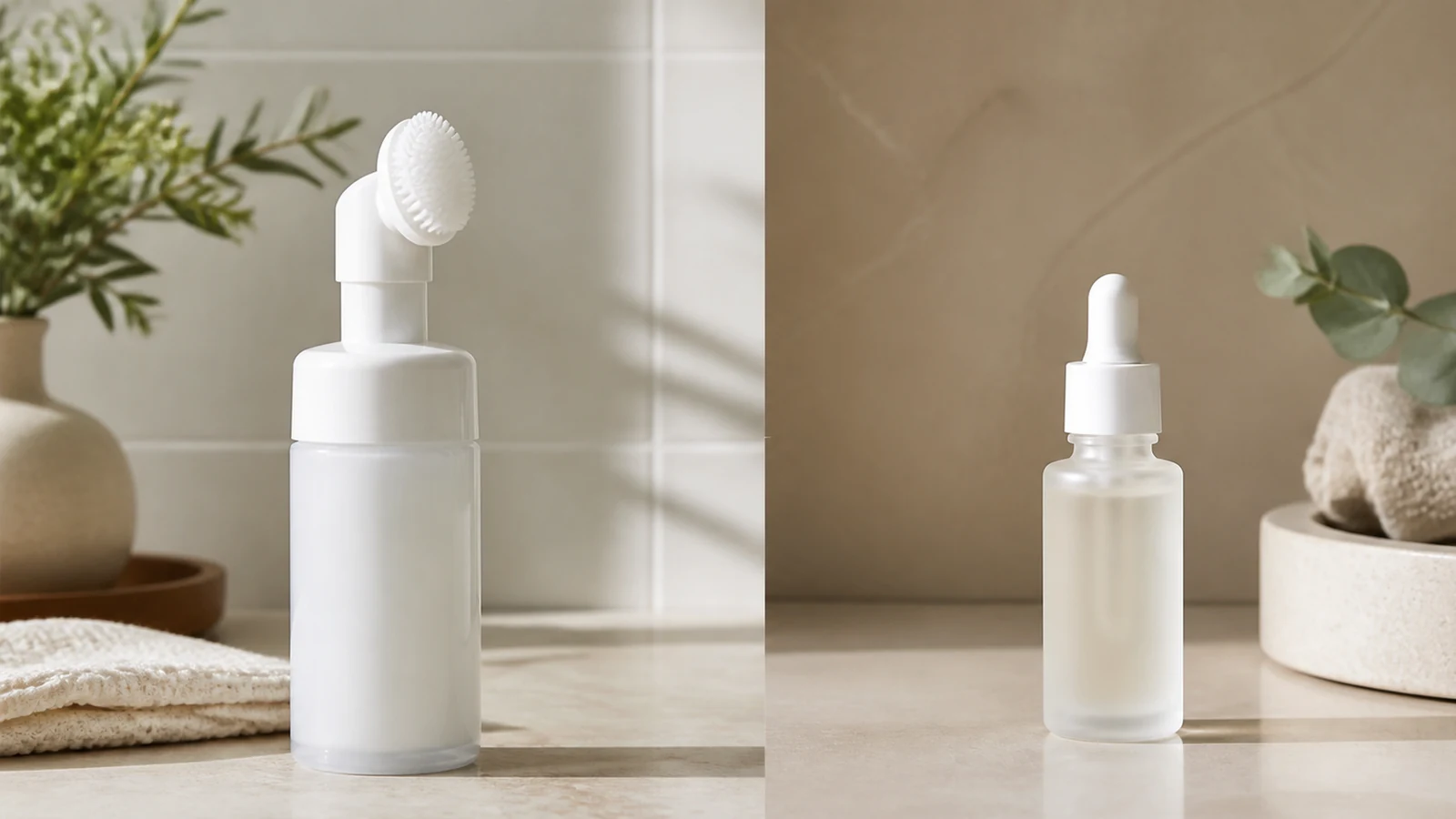 Foaming cleanser with brush compared beside a leave-on serum bottle