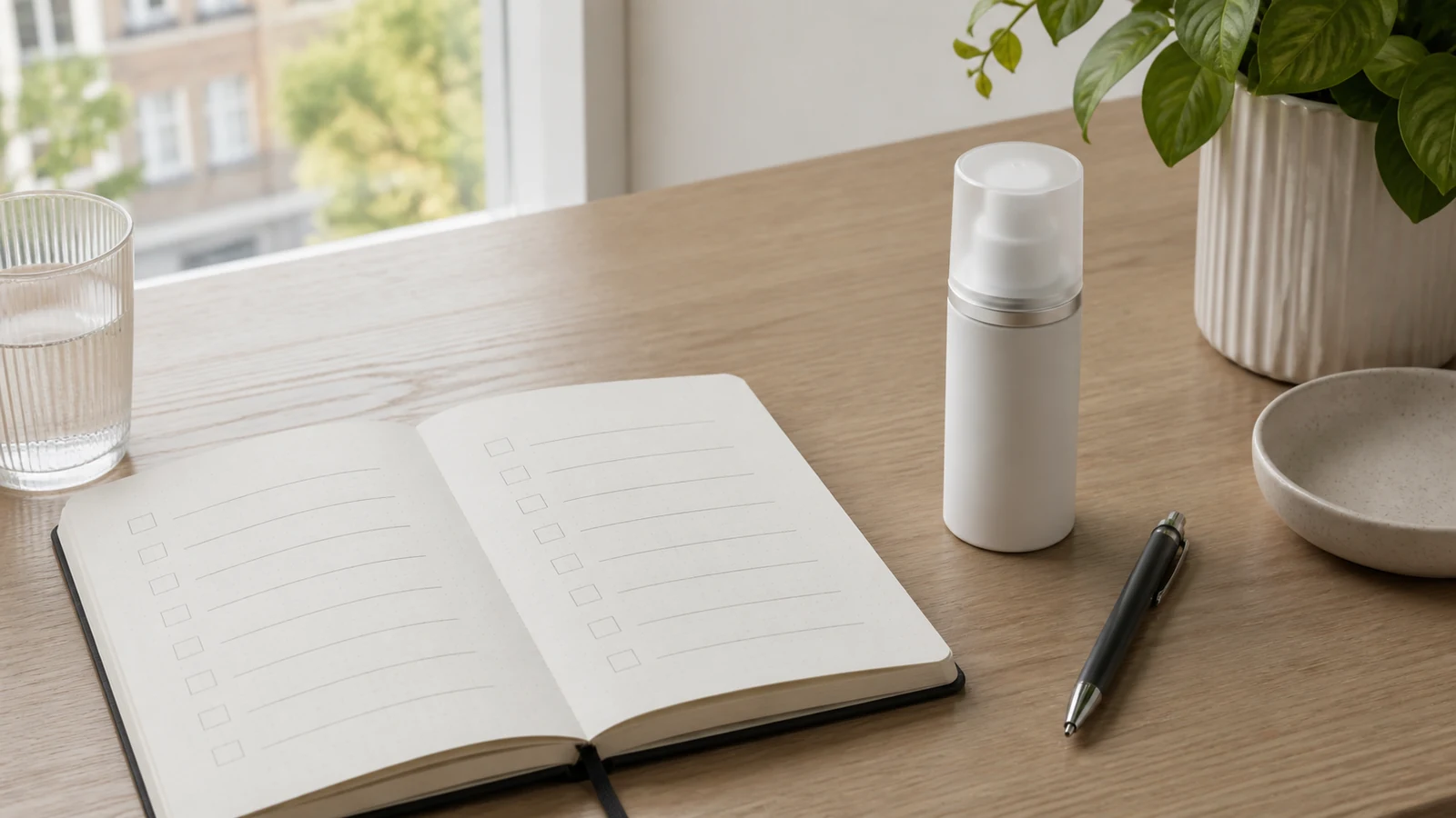 Notebook checklist beside a simple face wash bottle on a desk